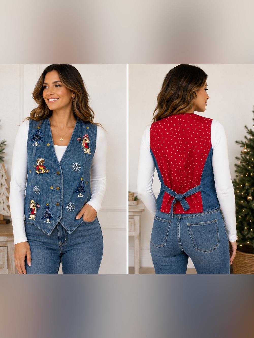 Karen Scott Sport Christmas Denim Vest | Embroidered Teddy Bears & Trees | Size